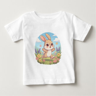 花畑で跳ねるかわいいウサギ ベビーTシャツ