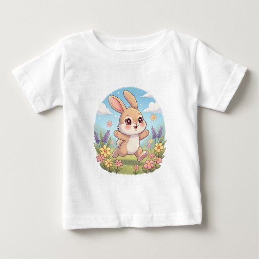 花畑で跳ねるかわいいウサギ ベビーTシャツ (正面)