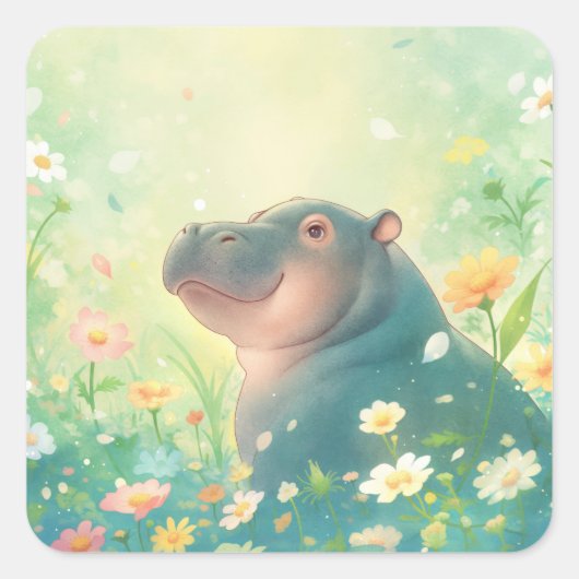 花畑と幸せなカバ スクエアシール (正面)