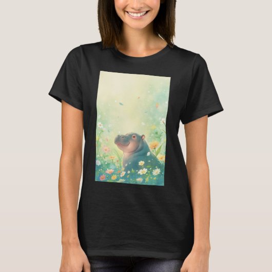 花畑と幸せなカバ Tシャツ (正面)