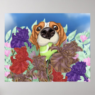 花畑にかわいい犬。 ポスター