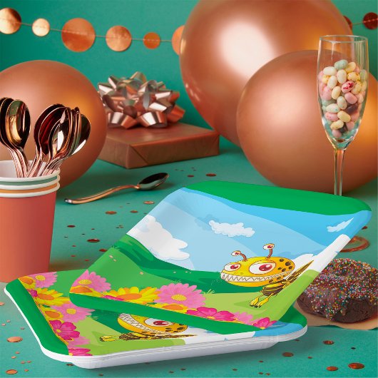 花畑にかわいい、怖い怪物ハチ ペーパープレート