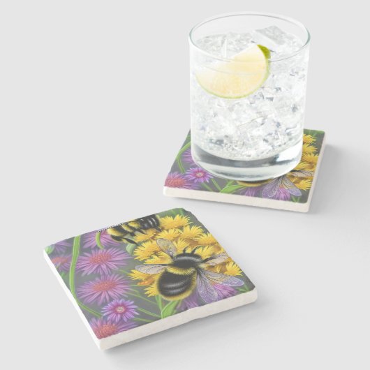 花畑にミツバチ ストーンコースター (横)