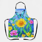 花畑に咲く美しい青い蝶 エプロン (正面)