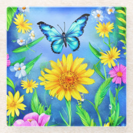 花畑に咲く美しい青い蝶 ガラスコースター