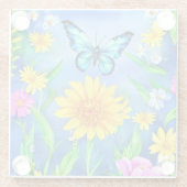 花畑に咲く美しい青い蝶 ガラスコースター (裏面)