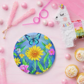 花畑に咲く美しい青い蝶 ペーパープレート (パーティー)