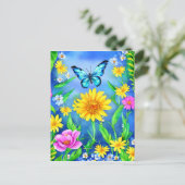 花畑に咲く美しい青い蝶 ポストカード (スタンド正面)