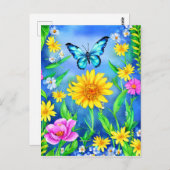 花畑に咲く美しい青い蝶 ポストカード (正面/裏面)