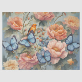 花畑に咲く青い蝶と鳥 薄葉紙