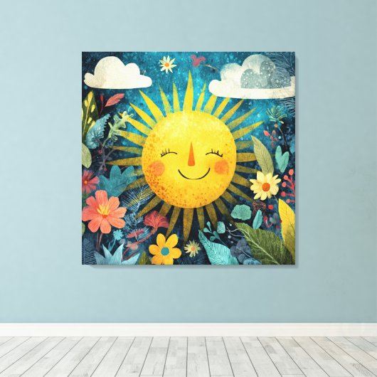 花畑に輝く陽気な太陽 キャンバスプリント (インサイチュ (ウッドフロア))
