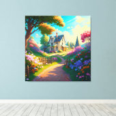 花畑のある田舎の家 キャンバスプリント (インサイチュ (ウッドフロア))