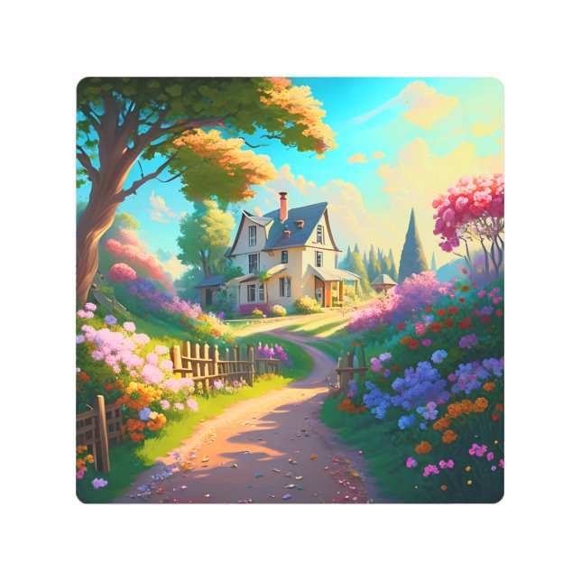 花畑のある田舎の家 メタルプリント (正面)