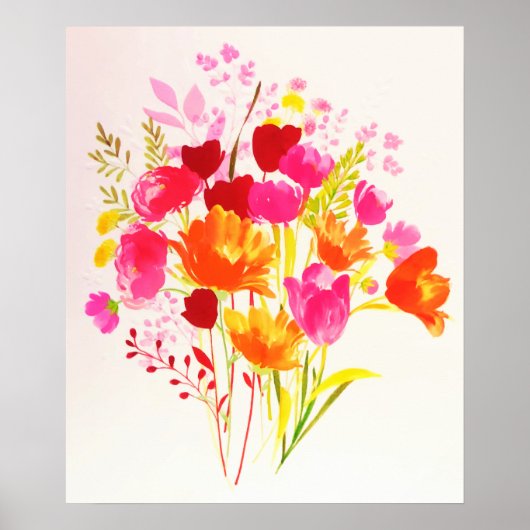花畑のピンクの水彩画 ポスター (正面)