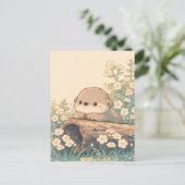 花畑の丸太でくつろぐかわいいカワウソ ポストカード (スタンド正面)