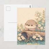 花畑の丸太でくつろぐかわいいカワウソ ポストカード (正面/裏面)