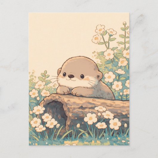 花畑の丸太でくつろぐかわいいカワウソ ポストカード (正面)