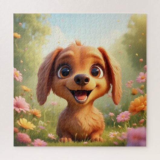 花畑の喜ぶキャラクター犬 ジグソーパズル (縦)