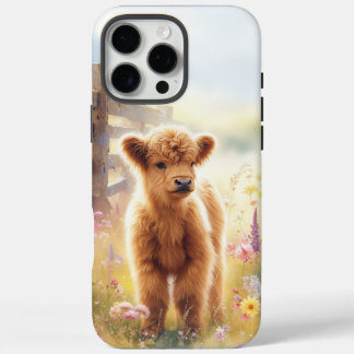 花畑の愛らしいハイランド仔牛 iPhone 16 PRO MAXケース