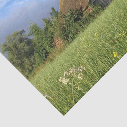 花畑の木のハグ付き傾斜した屋根の納屋 薄葉紙 (詳細)