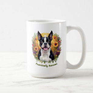 花畑の白と黒のボストンテリア コーヒーマグカップ
