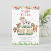 花畑の農場動物の3歳誕生日パーティー 招待状 (スタンド正面)