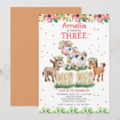 花畑の農場動物の3歳誕生日パーティー 招待状 (正面/裏面)