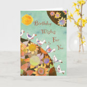 花畑の鳥：誕生日カード カード (黄色い花)