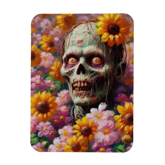 花畑ハロウィーンのゾンビ油彩画 マグネット (縦)