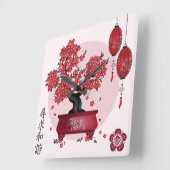 花盆栽「調和を求める中国の」 スクエア壁時計 (傾斜)