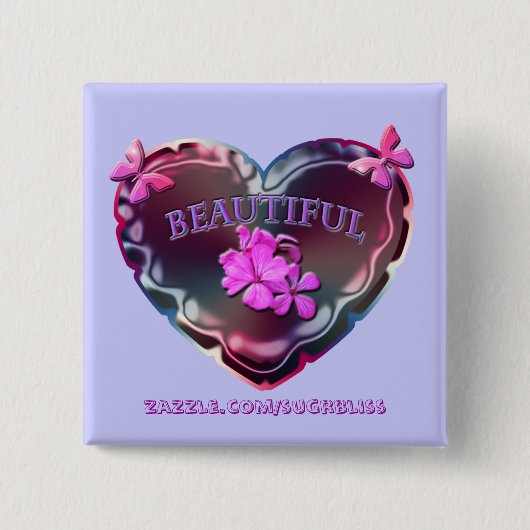 花盛りのハートの正方形ボタン 缶バッジ (正面)
