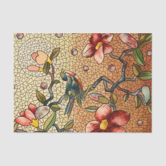 花盛りの木のステンドグラスのスタイルの鳥 薄葉紙 (正面)