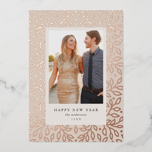 花箔の幸せな新年のホリデー写真カード 箔シーズンカード (正面)