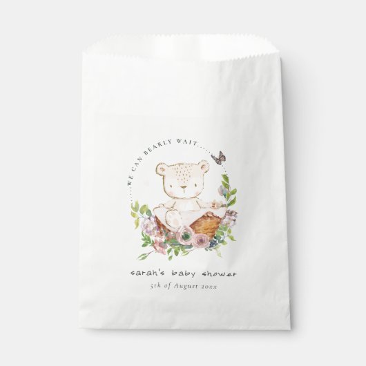 花籠に可愛いテディベアピンクの赤ちゃんシャワー フェイバーバッグ (正面)