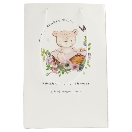 花籠に可愛いテディベアピンクの赤ちゃんシャワー ミディアムペーパーバッグ (正面)