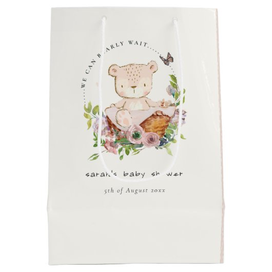 花籠に可愛いテディベアピンクの赤ちゃんシャワー ミディアムペーパーバッグ (裏面)