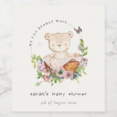 花籠に可愛いテディベアピンクの赤ちゃんシャワー ワインラベル (シングルラベル)