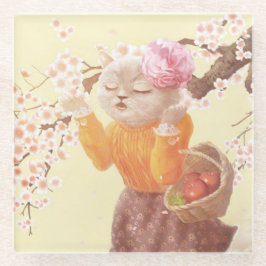 花籠付き歌猫 ガラスコースター