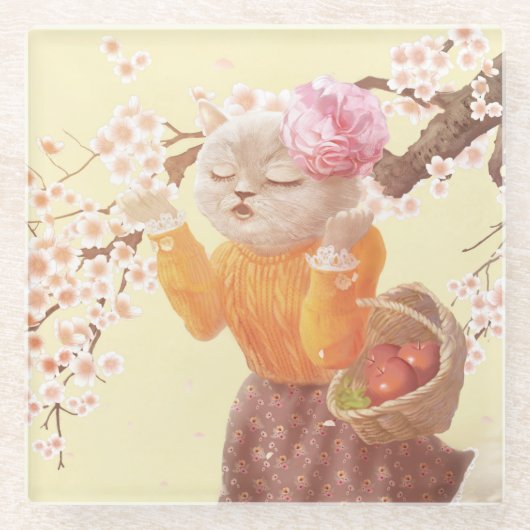 花籠付き歌猫 ガラスコースター (正面)