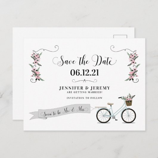 花素朴と自転車の結婚式の日付を保存 ポストカード (正面/裏面)