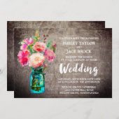 花素朴の花束のあるメイスン結婚ジャー 招待状 (正面/裏面)