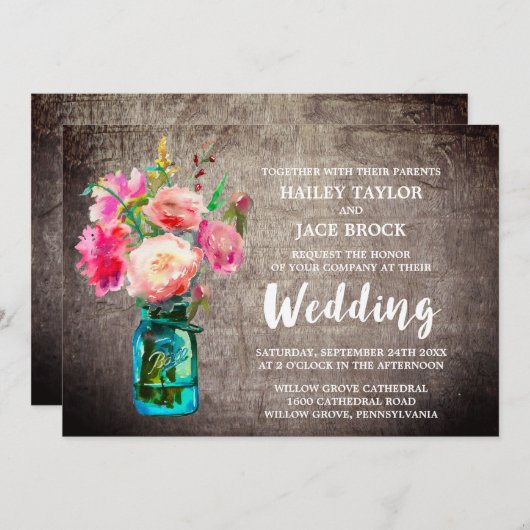 花素朴の花束のあるメイスン結婚ジャー 招待状 (正面/裏面)