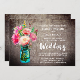 花素朴の花束のあるメイスン結婚ジャー 招待状