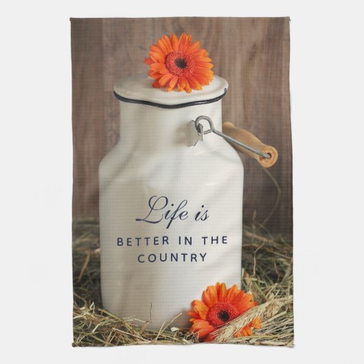 花素朴付き白ミルクジュグ キッチンタオル (縦)