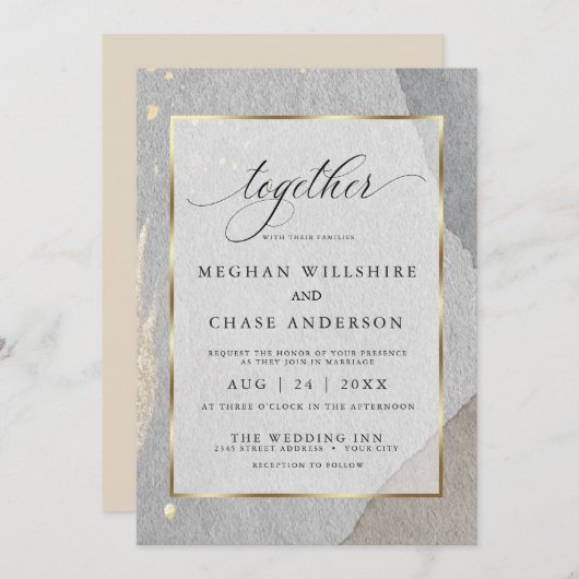 花素朴岩自然石の水色スプラッシュ 招待状 (正面/裏面)