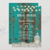 花素朴&ランタンティール（緑がかった色）ウッドブライダルシャワー 招待状 (正面/裏面)