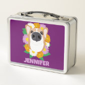 花紫色のコルギパーソナライズされた犬 メタルランチボックス (裏面)