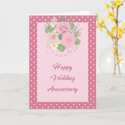 花結婚とドット付き記念日カードピンク カード (黄色い花)