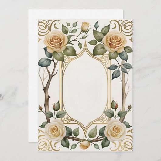 花結婚と金ゴールドの枠 招待状 (正面/裏面)