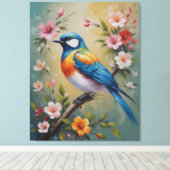 花絵を描の付いた枝の上の鳥 キャンバスプリント (インサイチュ (ウッドフロア))